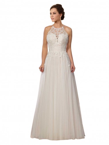 Shop Illusion Halter Lace Boho Wedding Dress with Plunging Sweetheart Bodice