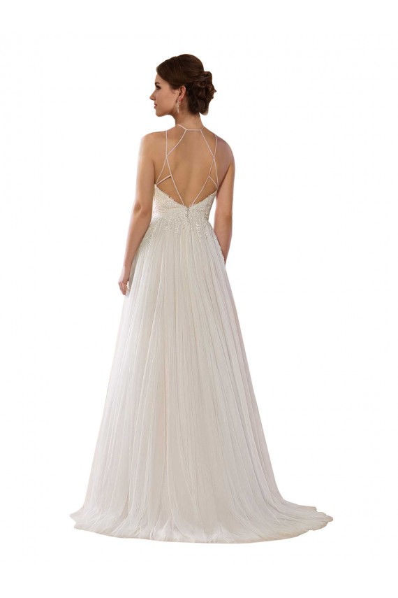 Shop Illusion Halter Lace Boho Wedding Dress with Plunging Sweetheart Bodice