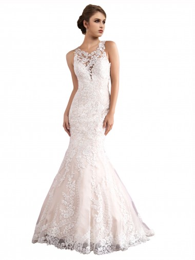 Shop Illusion Neck Fit and Flare Tulle Wedding Dress with All Over Lace