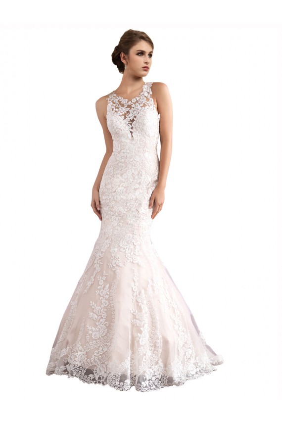 Shop Illusion Neck Fit and Flare Tulle Wedding Dress with All Over Lace