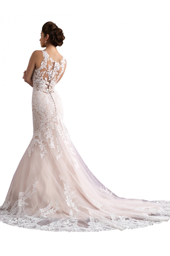 Shop Illusion Neck Fit and Flare Tulle Wedding Dress with All Over Lace