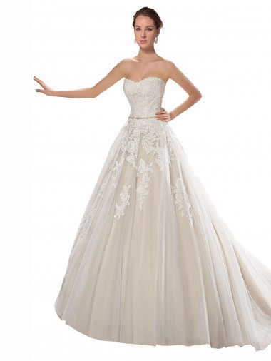 Shop Strapless Ball Gown Tulle Wedding Dress with Lace Cascades