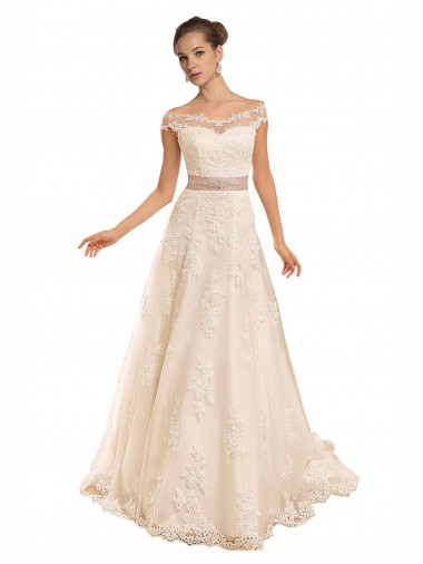 Shop Off the Shoulder Illusion Back A-Line Lace Beach Wedding Dress