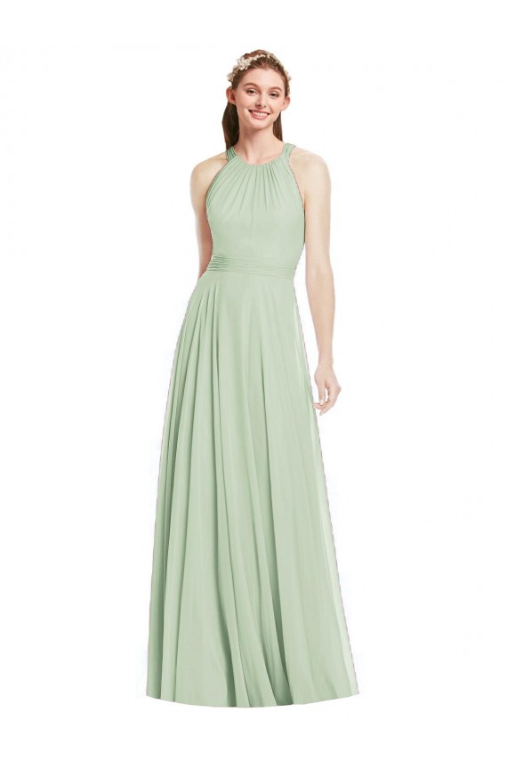 Shop Open Back Halter Chiffon Bridesmaid Dress with Flowy Bow