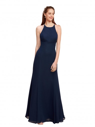 Shop High Halter Fit and Flare Long Chiffon Bridesmaid Dress / Prom Dress with Criss Cross Low Back