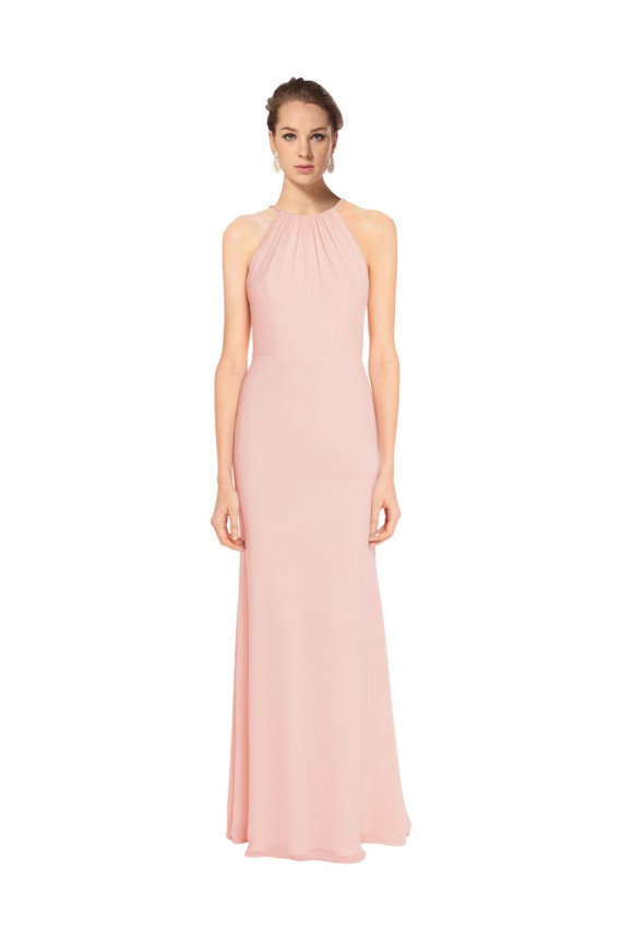 Shop High Neck Long Chiffon Halter Bridesmaid Dress with Drape Chiffon Overlay