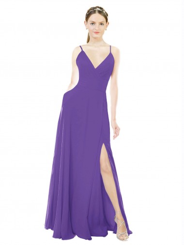 Shop Long Chiffon A-Line Bridesmaid Dress with Deep V-Neckline and Side Slit