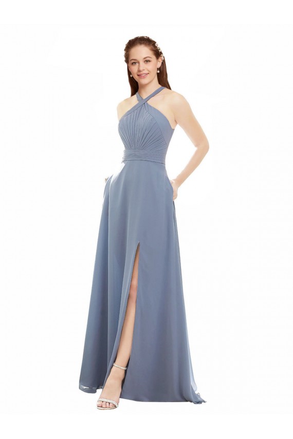 Shop High Neck Chiffon Bridesmaid Dress with Draped Bodice & Pockets