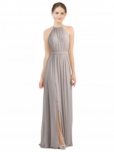 Shop Backless Halter Chiffon Bridesmaid Dress with Front Slit and Tie Open Back