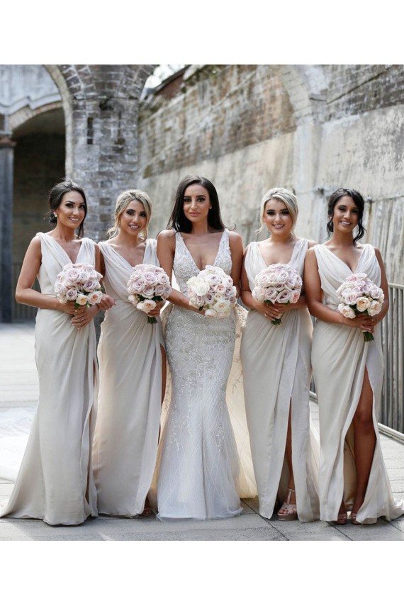 Shop Chiffon Long Champagne Bridesmaid Dresses with Sexy High Slit and Front Ruffles