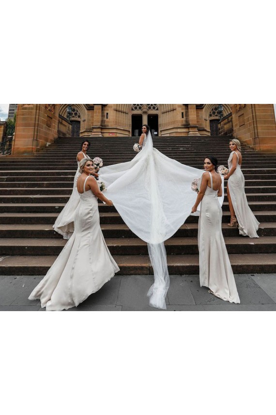 Shop Chiffon Long Champagne Bridesmaid Dresses with Sexy High Slit and Front Ruffles