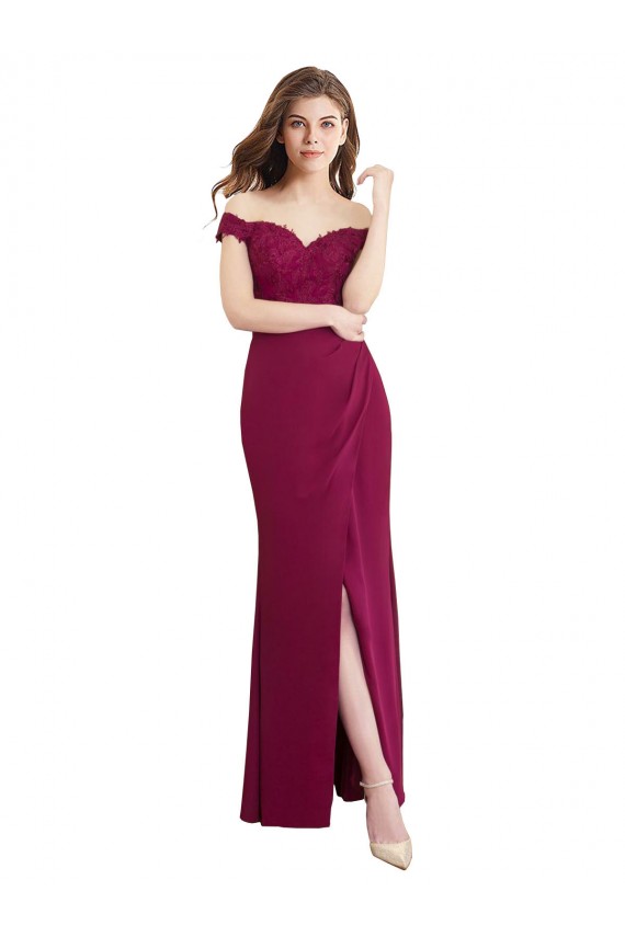Shop Off the Shoulder Chiffon Bridesmaid Dress with Lace Appliques and Front Slit