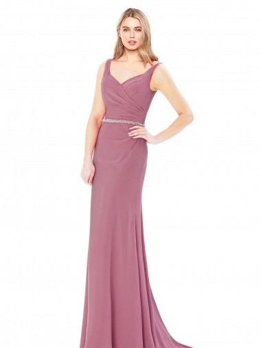Shop Long Slim Chiffon Bridesmaid Dress / Prom Dress with Beaded Waist