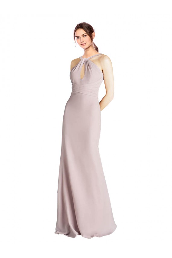 Shop Long Slim Chiffon Bridesmaid Dress with Ruffled Waist and Keyhole