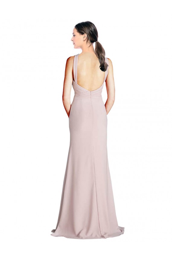 Shop Long Slim Chiffon Bridesmaid Dress with Ruffled Waist and Keyhole