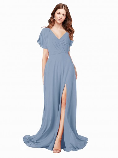 Shop Chiffon Bridesmaid Dress / Prom Dress with Flutter Sleeves and Front Slit