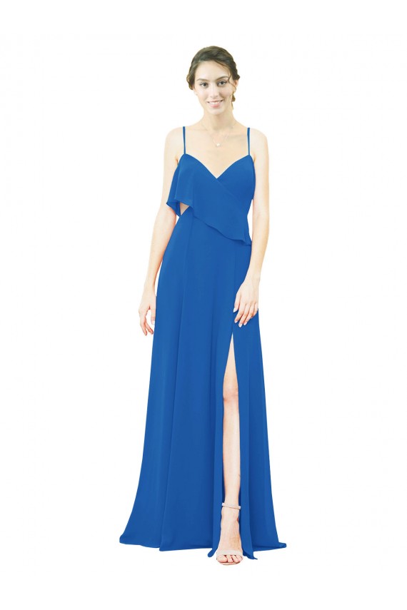 Shop Spaghetti Strap Chiffon Bridesmaids Dress with Asymmetrical Ruffle and Front Slit