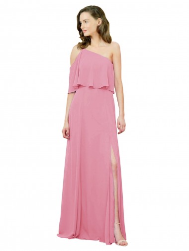 Shop Sleeved One Shoulder Chiffon Bridesmaids Dress with Draped Ruffle Overlay