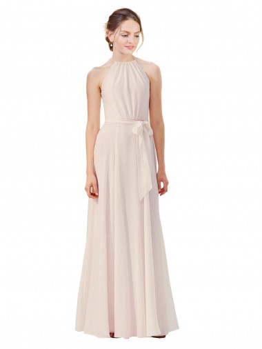 Shop Tie Neck Long Chiffon A-Line Bridesmaid Dress with Sheer Back