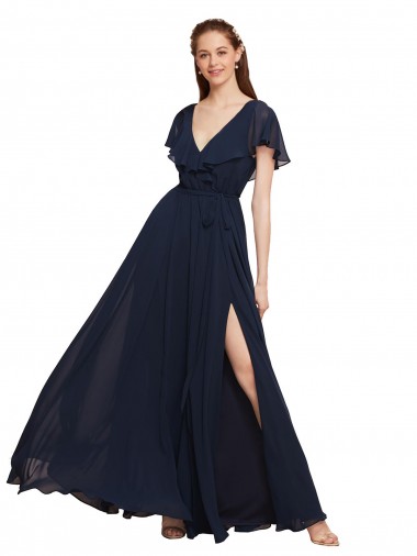 Shop Long V-Neck Chiffon Bridesmaid Dress with Slit and V-Back