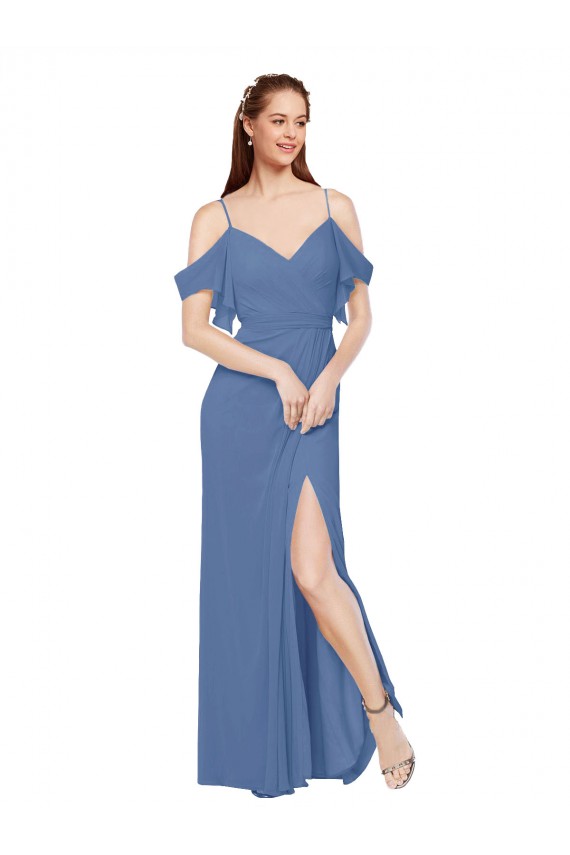 Shop Mock-Wrap Off the Shoulder Long Chiffon Bridesmaid Dress with Side Slit