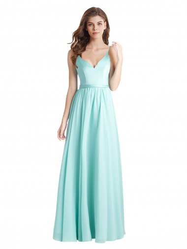 Shop Long V-Neck Chiffon Bridesmaid Dress with Satin Bodice