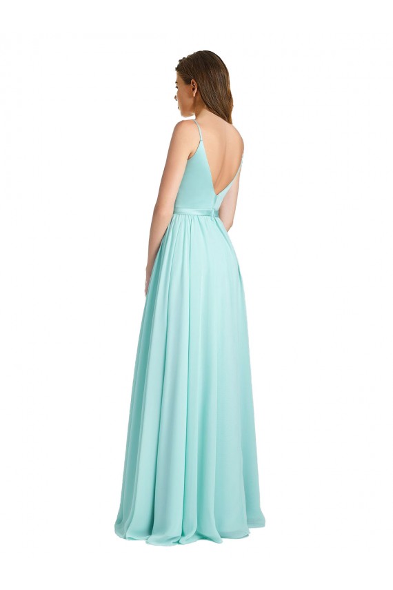 Shop Long V-Neck Chiffon Bridesmaid Dress with Satin Bodice