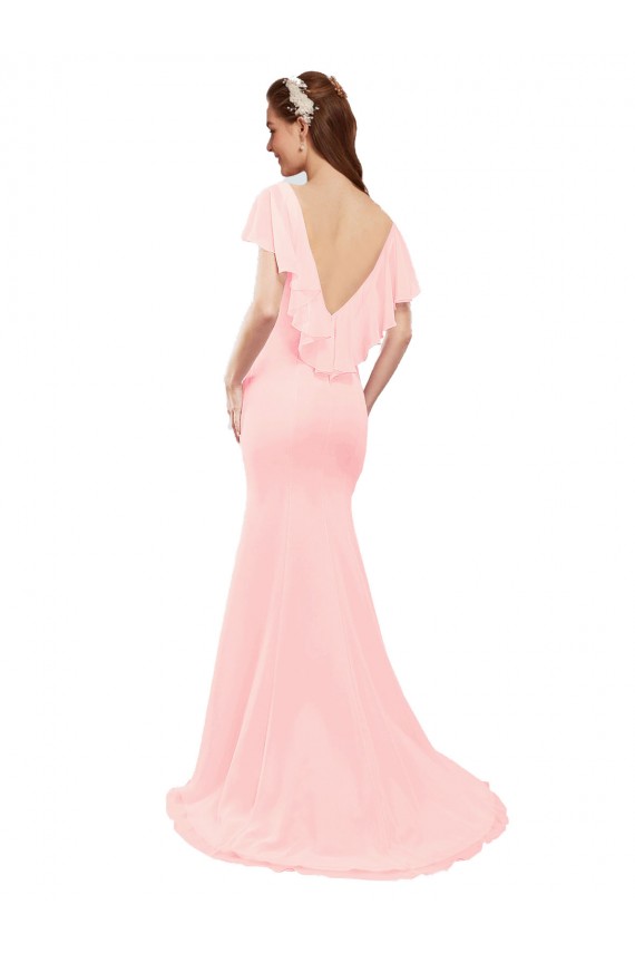 Shop Fit and Flare Chiffon Bridesmaid Dress with V-Neck and Flutter Sleeves