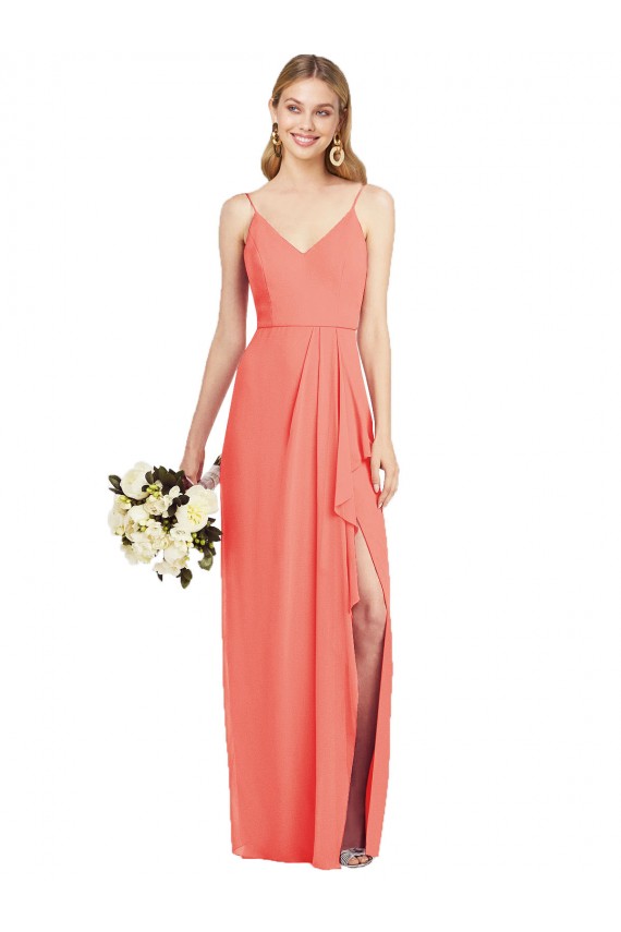 Shop Spaghetti Strap Draped Skirt Chiffon Bridesmaid Dress with Front Slit