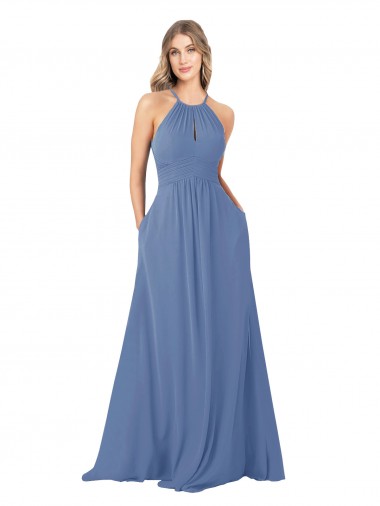 Shop Draped High Neck Keyhole Back Bridesmaid Dress with Front Slit