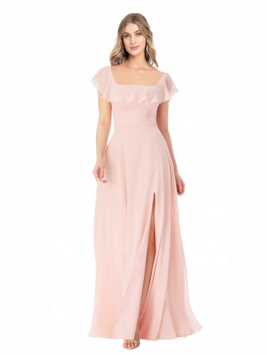 Shop Flutter Cap Sleeves Square Neck Ruffle Chiffon Bridesmaid Dress with Pockets
