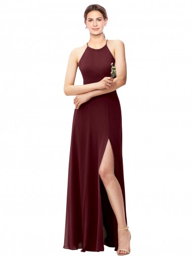 Shop Slim Long High Halter Neck Chiffon Bridesmaid Dress with High Side Slit