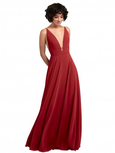 Shop Fitted Plunging Deep V-Neck Long Chiffon Bridesmaid Dress with V-Back