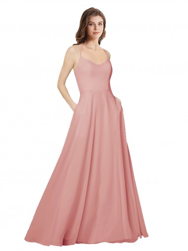 Shop Open Back Wide Tie Band Long Chiffon Bridesmaid Dress with Pockets