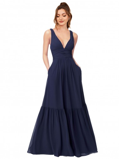 Shop Floor Length Deep V-Neck Ruched Chiffon Long Bridesmaid Dress
