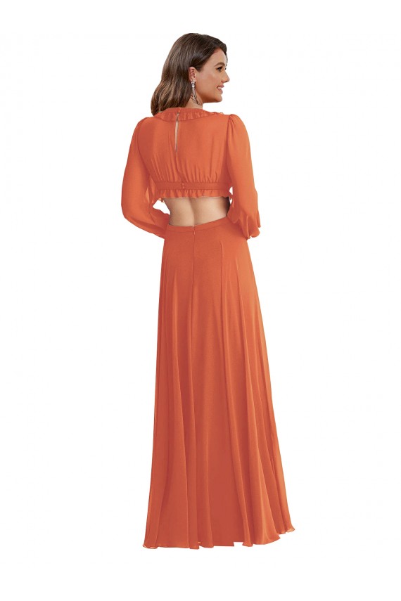 Shop High Low Ruffled Long Chiffon Cutout Bishop Sleeves Maxi Bridesmaid Dress