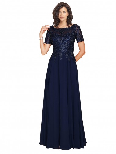 Shop Short Sleeves A-Line Long Chiffon Bridesmaid Dress / Prom Dress with Beaded Bodice