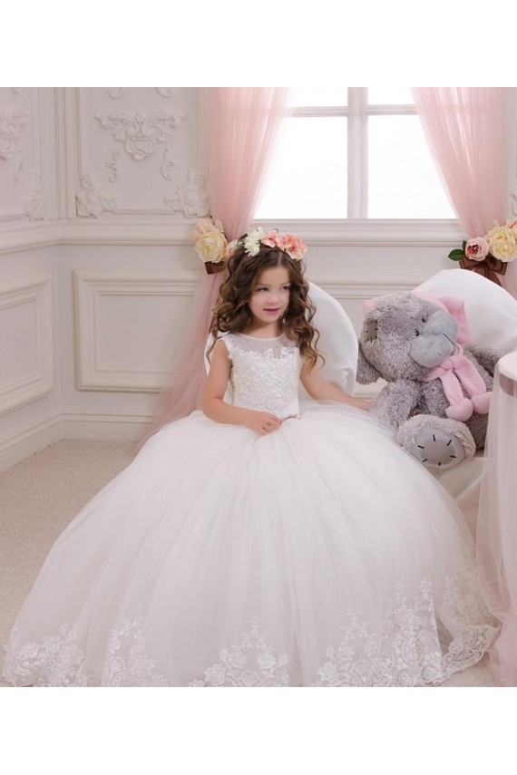 Shop Ivory Ball Gown Bateau Neck Chapel Train Sleeveless Flower Girl Dress