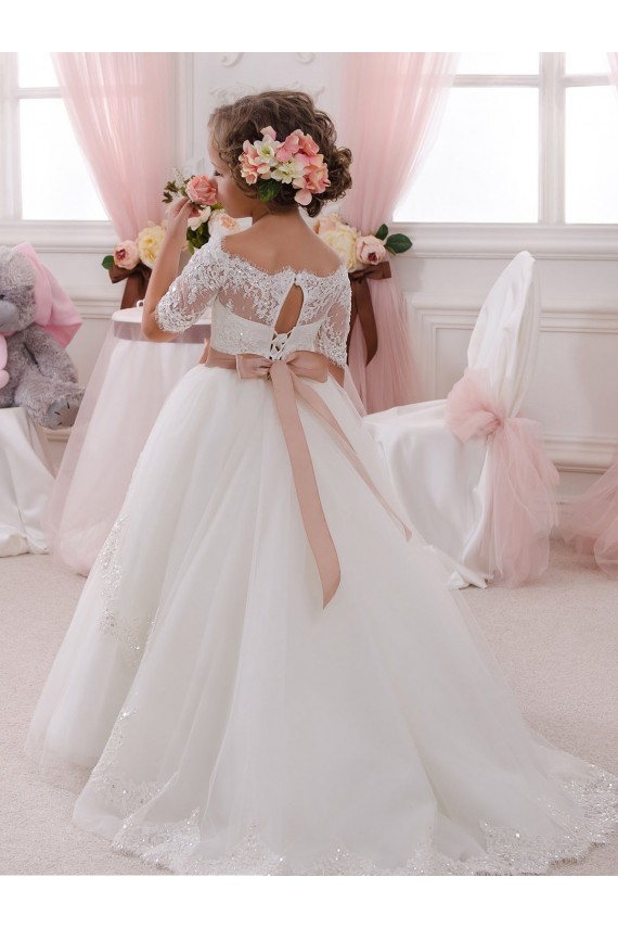 Shop Ivory Ball Gown High Neck Floor Length Short Sleeve Flower Girl Dress
