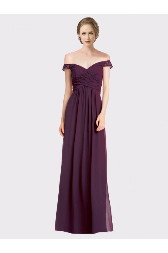 Shop Sweetheart Long Bridesmaid Dress with Off the Shoulder Cap Sleeve Lace Bodice