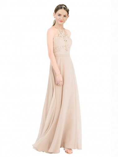 Shop High Halter Neck Illusion Lace Bridesmaid Dress / Prom Dress with Chiffon Skirt and Keyhole Back