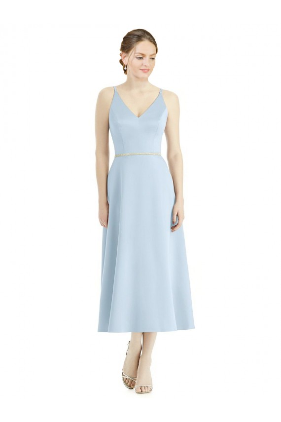 Shop Short Tea Length V-Neck Satin Bridesmaid Dress