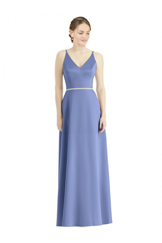 Shop Long Floor Length V-Neck Satin Bridesmaid Dress with Spaghetti Straps