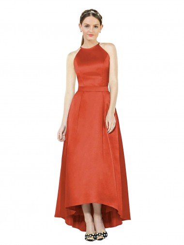 Shop Full Length Halter Satin Bridesmaid Dress with Hi-Low Hem Detail