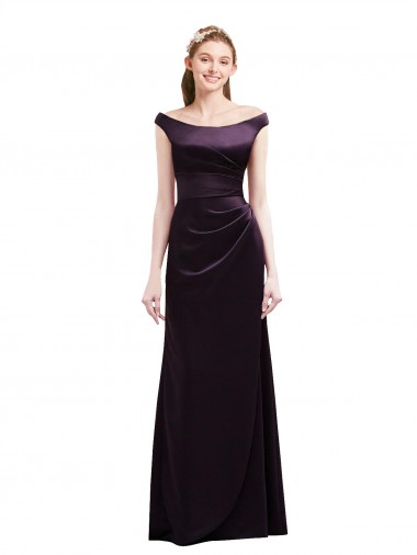 Shop Off The Shoulder Long Satin Bridesmaid Dress with Asymmetrical Pleated Bodice