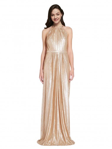 Shop Floor Length Halter Neck Sparkling Formal Sequin Bridesmaid Dress / Prom Dress with Pleats