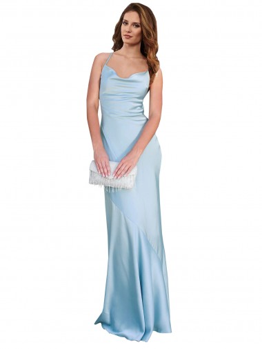 Shop Open Back with Ties Cowl Neck Sheath Formal Silky Satin Long Bridessmaid Dress