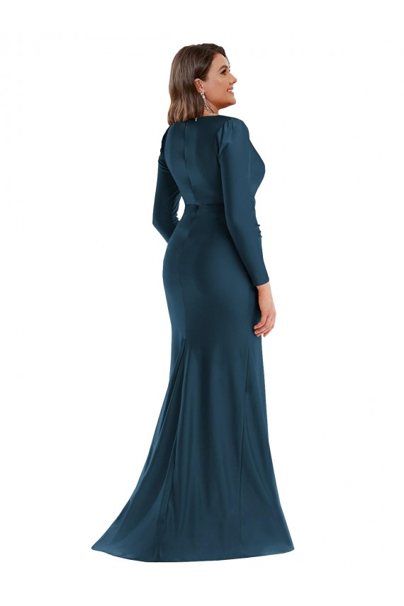 Shop Long Sleeves Draped Wrap Formal Silky Satin Mermaid Bridesmaid Dress / Prom Dress with Front Slit