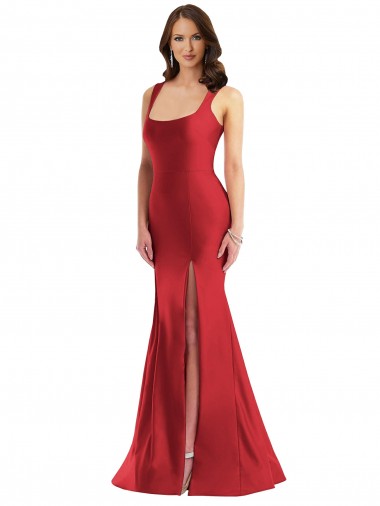 Shop Square Neck Formal Silky Satin Mermaid Bridesmaid Dress / Prom Dress with Side Slit