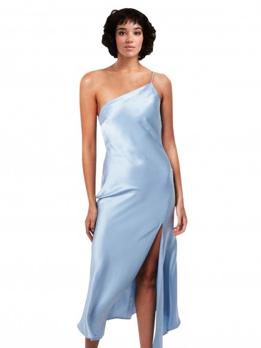Shop Midi Length Short Formal Silky Satin Bridesmaid Dress / Cocktail Prom Dress with Asymmetric Neckline and High Side Split